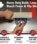 Beefy Precision Miter Gauge For Table Saws Featuring Heavy Duty Anodized Aluminum Construction With Adjustable Fence And Tight Micro Adjuster Setup For Dead Straight Woodworking Cuts Every Time, showing expandable fence and flip stop.