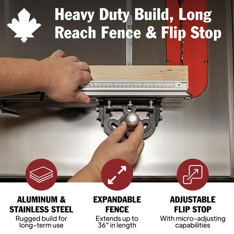 Beefy Precision Miter Gauge For Table Saws Featuring Heavy Duty Anodized Aluminum Construction With Adjustable Fence And Tight Micro Adjuster Setup For Dead Straight Woodworking Cuts Every Time, showing expandable fence and flip stop.