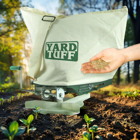 Shoulder Seeder And Grass Seed Spreader With 25 Pound Capacity All Metal Gears Durable Canvas Bag Adjustable Shoulder Strap