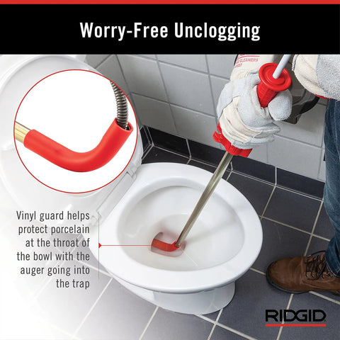 Heavy Duty Toilet Auger With Bulb Head Snake And Pro Clog Remover For Modern Low Flow Toilets Smooth Operator Drain Tool in use.