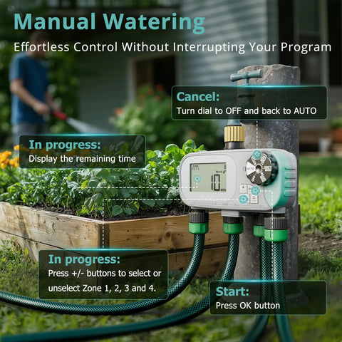 No Fuss All In One Sprinkler Timer For Garden Hose With Child Lock Programmable Brass Digital Water Timer 4 Zone For Drip Irrigation And Pool Rain Delay Auto Manual Waterproof Screen Battery Powered in use on a garden bed.