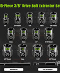 Hyvast Heavy Duty Impact Bolt Extractor Socket Set, 15 Pieces 3/8 Inch Drive, CR-MO Steel Bits For Effortless Removal Of Stripped Rusted Frozen Damaged Fasteners And Nuts. 15-piece extractor sockets with knockout pin and 3/8 hex adapter