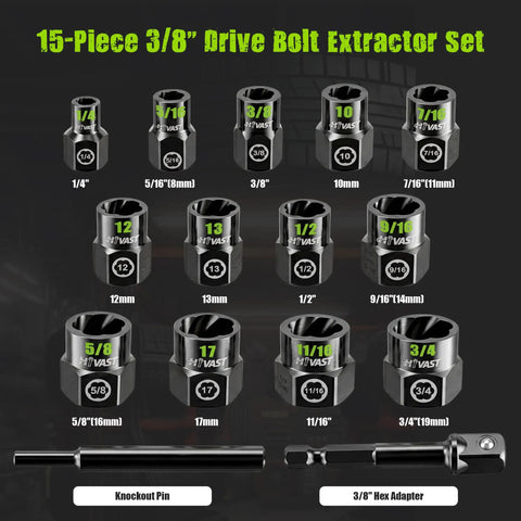 Hyvast Heavy Duty Impact Bolt Extractor Socket Set, 15 Pieces 3/8 Inch Drive, CR-MO Steel Bits For Effortless Removal Of Stripped Rusted Frozen Damaged Fasteners And Nuts. 15-piece extractor sockets with knockout pin and 3/8 hex adapter