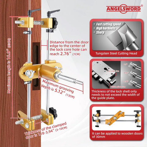 No Sweat Door Lock Installation Kit Featuring Hella Tough Tungsten Steel Cutters And Razor Sharp Chisel For Fast Mortising On Wooden Doors Includes Solid Jig And Three Precision Bits, detailed mortiser guide on wood.