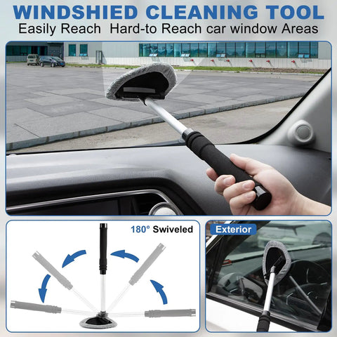 Windshield Cleaner Tool And 13 Piece Car Interior Cleaning Kit with extendable handle and 180° swiveling head.