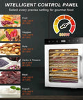 Intelligent control panel of Silent Ten Tray Food Dehydrator Machine 800 Watt showing settings for drying different foods.