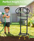 Child using Garden Water Hose Holder And Freestanding Hose Reel Rack With Storage Basket Heavy Duty Metal Stand With 5 Spikes