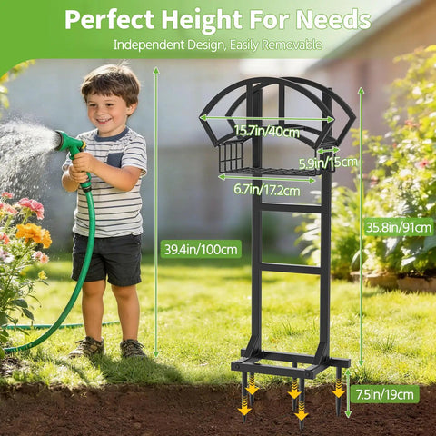 Child using Garden Water Hose Holder And Freestanding Hose Reel Rack With Storage Basket Heavy Duty Metal Stand With 5 Spikes