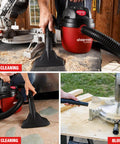 1.5 Gallon 2.0 Peak Wet Dry Vacuum for quick cleanups at home, garage, vehicle; showing dry, wet, and blower functions in use.