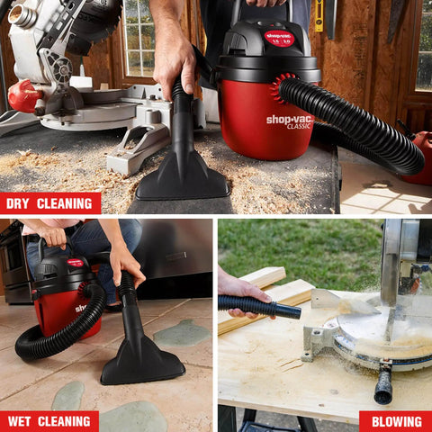 1.5 Gallon 2.0 Peak Wet Dry Vacuum for quick cleanups at home, garage, vehicle; showing dry, wet, and blower functions in use.
