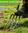 Heavy Duty Garden Pitchfork 42.5 Inch One Piece With Metal Four Tines Fiberglass D Handle Built For Digging Composting Soil Loosening Mulch And Yard Work, used on grass.