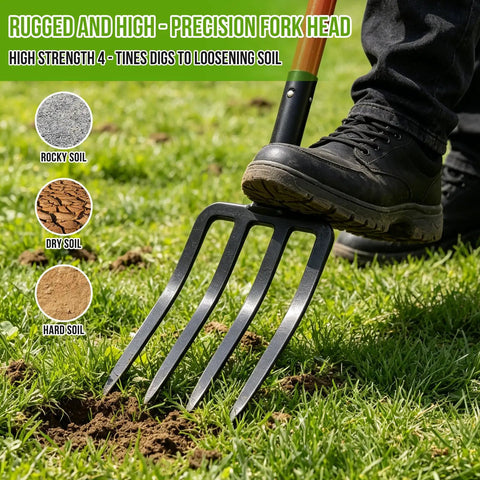 Heavy Duty Garden Pitchfork 42.5 Inch One Piece With Metal Four Tines Fiberglass D Handle Built For Digging Composting Soil Loosening Mulch And Yard Work, used on grass.