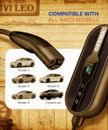 Portable EV Charger 30 Amps Level 1 And Level 2 With Wifi Smart App Hella Adjustable From 12 Amps To 30 Amps For Rock Solid 120V And 240V Supply Compatible With NACS And J1772 Adapters showing charger and models: Model-Y, Model-X, Model-3, Model-S, Cybertruck.