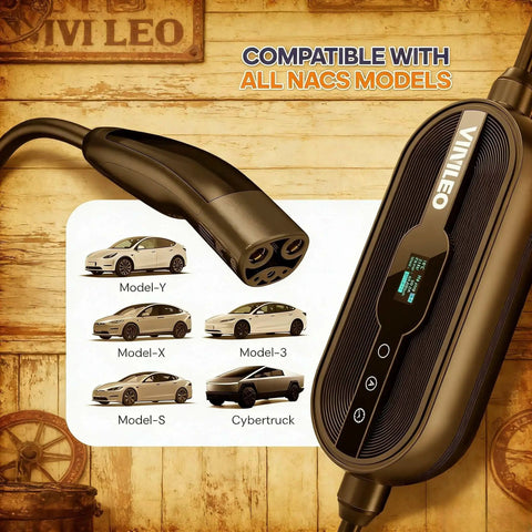 Portable EV Charger 30 Amps Level 1 And Level 2 With Wifi Smart App Hella Adjustable From 12 Amps To 30 Amps For Rock Solid 120V And 240V Supply Compatible With NACS And J1772 Adapters showing charger and models: Model-Y, Model-X, Model-3, Model-S, Cybertruck.