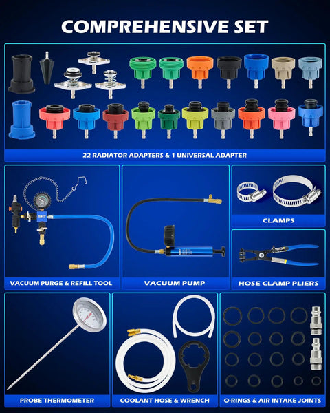 Boss Grade 34 Piece Coolant Vacuum Refill And Pressure Diagnostic Tester Kit With Universal Adapters, featuring 22 radiator adapters and tools.