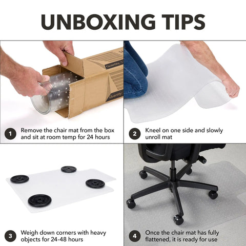 Clear Carpet Office Chair Mat With Extended Lip 36x48 Inches For Easy Glide Protect Your Carpeted Floors From Rolling Desk Chair Anti Skid Top Surface With Gripping Underneath For Home And Office unboxing instructions showing unpacking, unrolling, weighing corners, and chair mat in use.