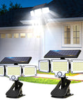 Super Bright Clip On Solar Outdoor Flood Light With Smart Motion Sensor And USB C Recharging Heavy Duty Clamp on display for driveways.