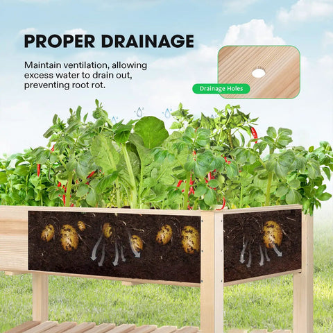 Elevated Wooden Raised Garden Bed On Wheels With Storage Shelf And Protective Liner Outdoor Planter Box Measures 46 By 24 By 32 Inches Ready To Roll showing plants.
