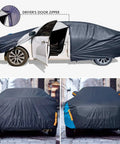 All Weather Waterproof 6 Layer Exterior Cover For Sedans And SUVs With Zipper Mirror Pocket shown on parked car