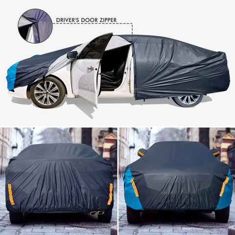 All Weather Waterproof 6 Layer Exterior Cover For Sedans And SUVs With Zipper Mirror Pocket shown on parked car
