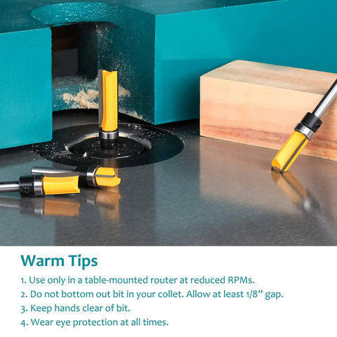 Pattern Flush Trim Router Bit Set With Quarter Inch Shank And Half Inch Cutting Diameter Four Sizes on table setup.