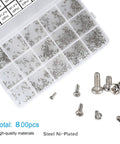 Ultra Tiny M1 Micro Screws Kit For Electronics Repair And Diy 800 Pieces Includes M1x2mm M1x2.5mm M1x3mm M1x4mm M1.2x2.5mm And More Phillips Pan Head Mini Screws In Nickel Plated Carbon Steel With 16 Styles In Plastic Box showing screws in compartments and loose screws.