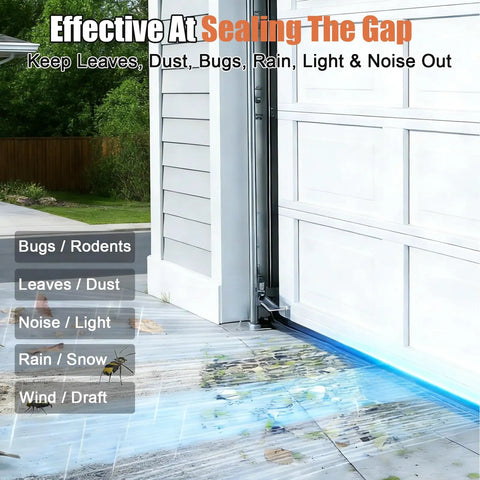 Heavy Duty Garage Door Bottom Seal Kit With 16.5Ft EPDM Rubber shown installed, preventing entry of pests and weather elements.