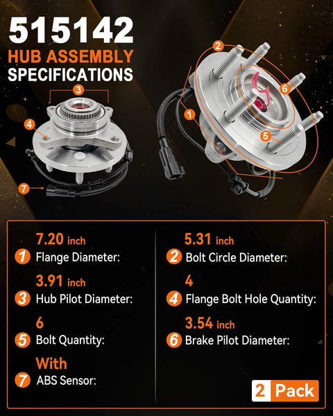 Front Wheel Bearing Hub Assembly 2 Pack 515142 Compatible With Ford Expedition 2011 2014 Ford F 150 2010 2014 Lincoln Navigator 2011 2014 6 Lugs With ABS, showing hub specifications and dimensions.