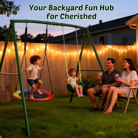 Heavy Duty 440lbs Capacity Backyard Swing Set With 2 Seats, Saucer And Belt Swings in evening setting, family enjoying outdoors
