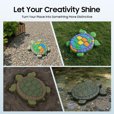 Colorful stone walkway with reusable turtle shaped concrete stepping stone mold for DIY garden pathways and walkways.