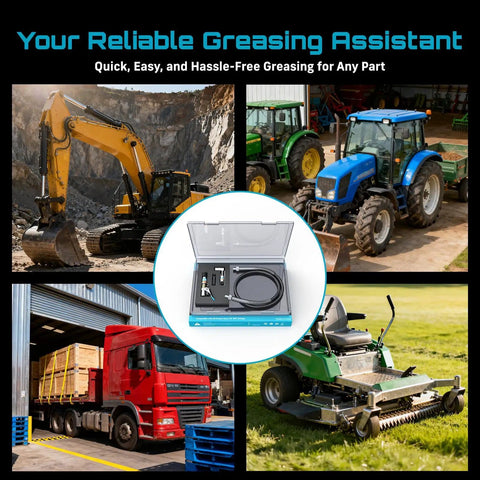 Collage with machinery using Workhorse Grease Gun Accessory Kit With 12000 PSI Quick Release Coupler And 90 Degree Adapter