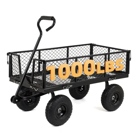 Heavy Duty 1000 Lbs Capacity Mesh Steel Garden Cart Pullable Wagon On Wheels Folding Utility Wagon With Removable Sides For Outdoor Yard Lawn Black Finish