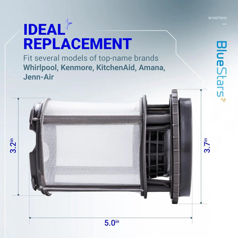Upgraded Dishwasher Pump Filter Cup Replacement for Whirlpool Kenmore Amana KitchenAid Fits 8579307 side view with dimensions