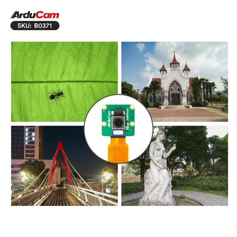 Next Level 16MP IMX519 Autofocus Camera Module For Raspberry Pi 5 And 4B 3B Plus showcased with diverse outdoor images and insect close-up.