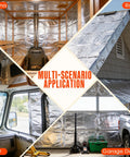 Pro Grade Sauna Foil Vapor Barrier Roll 500 Square Feet shown in sauna, RV, garage doors, and roof applications.