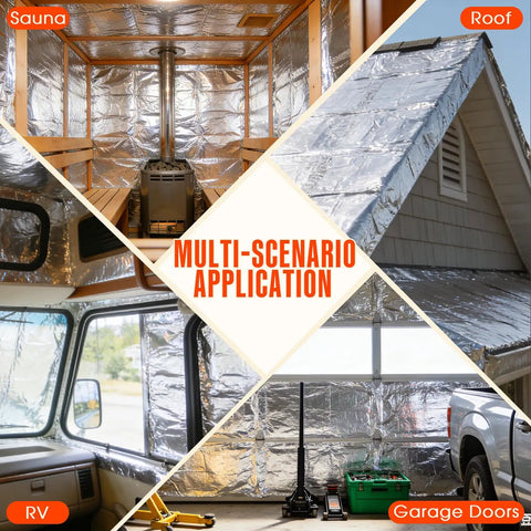 Pro Grade Sauna Foil Vapor Barrier Roll 500 Square Feet shown in sauna, RV, garage doors, and roof applications.