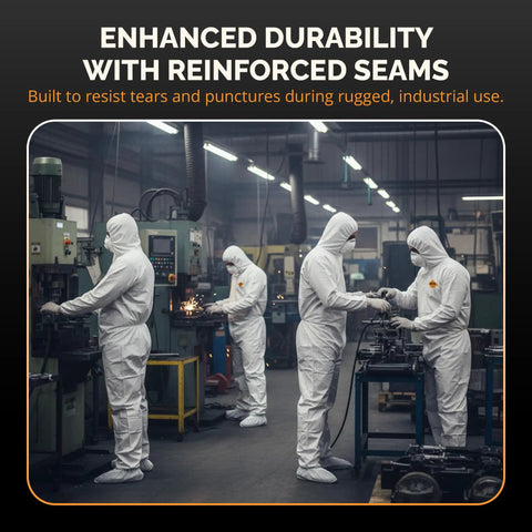 Heavy Duty White Disposable Coveralls For Industrial Work Delivers Tough As Nails Antistatic Defense With Tear Puncture Resistant Fabric Real Deal Full Body Chemical Safety Jumpsuit Ideal For Shop Cleanup Large Three Pack worn by workers in a factory setting.