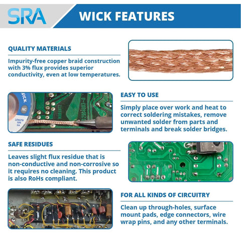 Flat Woven Copper Desoldering Wick With No Clean Flux For Easy Damage Free Solder Removal 3 features infographic