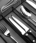 24 Piece Stainless Steel Silverware Set For 4 Dishwasher Safe Flatware Utensils With Knife Fork Spoon Steak Knife And Black Wire Mesh Storage Tray Included