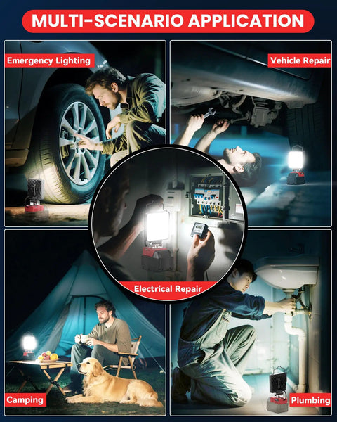 Milwaukee 18V LED Work Light Cordless in various scenarios like vehicle repair, camping, plumbing, and electrical work.