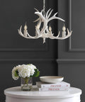 Dope 26 Inch White Resin Faux Horn Antler Chandelier Rustic Farmhouse Hanging Light with LED bulbs, dining room setting