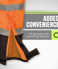 Hi Viz Ripstop Waterproof Bib Pants For Men With Reflective Safety Strips showing 12-inch leg zippers and hook & loop adjusters