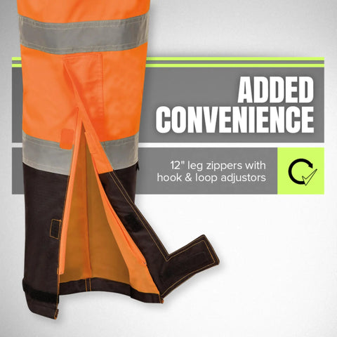 Hi Viz Ripstop Waterproof Bib Pants For Men With Reflective Safety Strips showing 12-inch leg zippers and hook & loop adjusters
