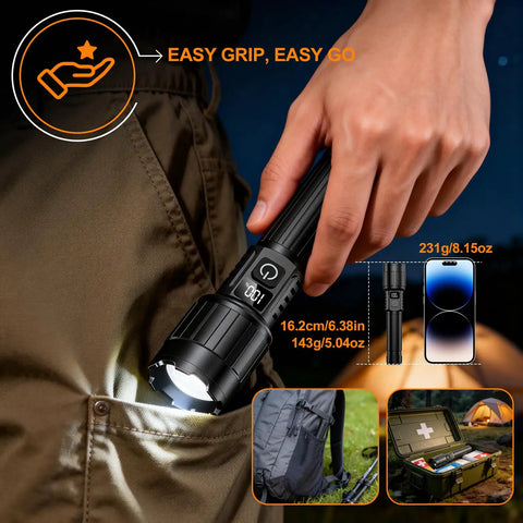 Hand holding Beast Mode Bright 20000 Lumens Rechargeable LED Flashlight with USB C power, 12-hour runtime LCD dimmer.