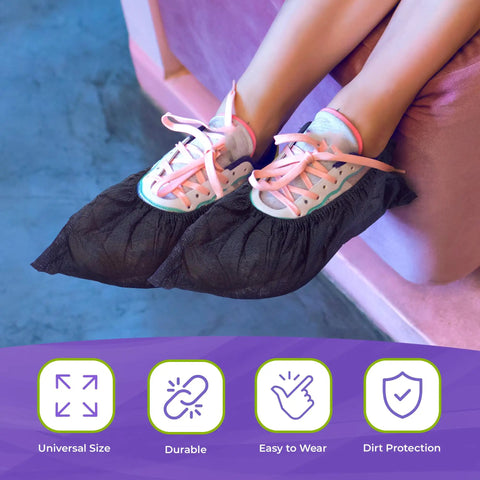 Black Disposable Indoor Shoe Covers 16 By 6 Inches Pack Of 100 With Secure Elastic And Seamless Bottom Durable 35 GSM Polypropylene Booties