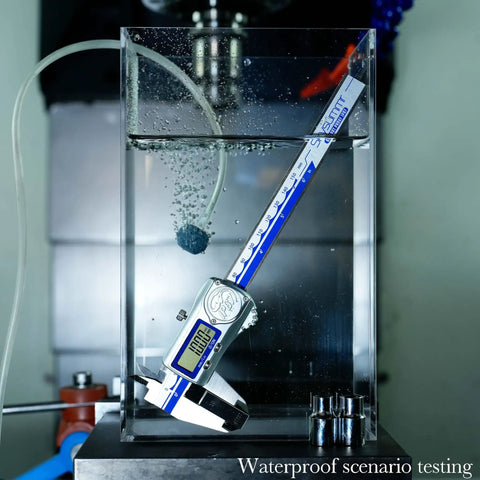 IP67 Waterproof Digital Vernier Caliper Stainless Steel Absolute Origin Measuring Tool submerged in water for testing