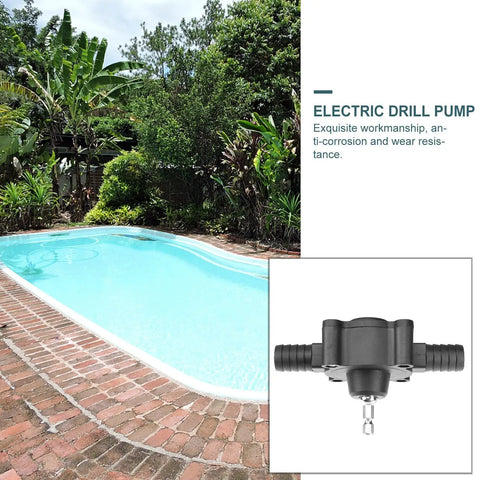 Drill Powered Transfer Pump For No Fuss Self Priming Water Oil Or Gasoline Flow Smooth Centrifugal Action Tough As Nails Performance setup near a pool.