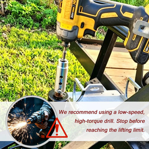 Heavy Duty Trailer Jack Drill Adapter For RV And Camper Sets Up With One Inch Drive Shaft, mounted on a drill with steel finish.