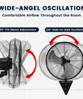 Side and front view of Heavy Duty 20 Inch Wall Mount Fans Set 2 Pack High Velocity Oscillating Fans With 6600 CFM in industrial setting