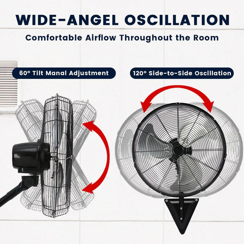 Side and front view of Heavy Duty 20 Inch Wall Mount Fans Set 2 Pack High Velocity Oscillating Fans With 6600 CFM in industrial setting
